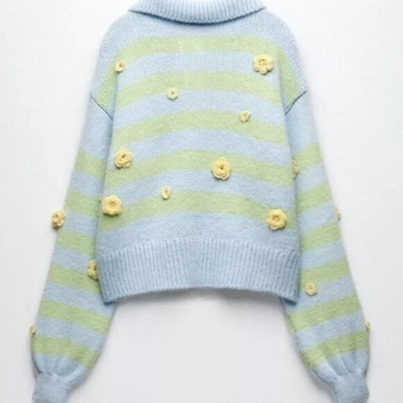 Zara Crochet 3D Floral Embroidered Striped Polo Collared Sweater L Blue Fairy - Picture 5 of 16